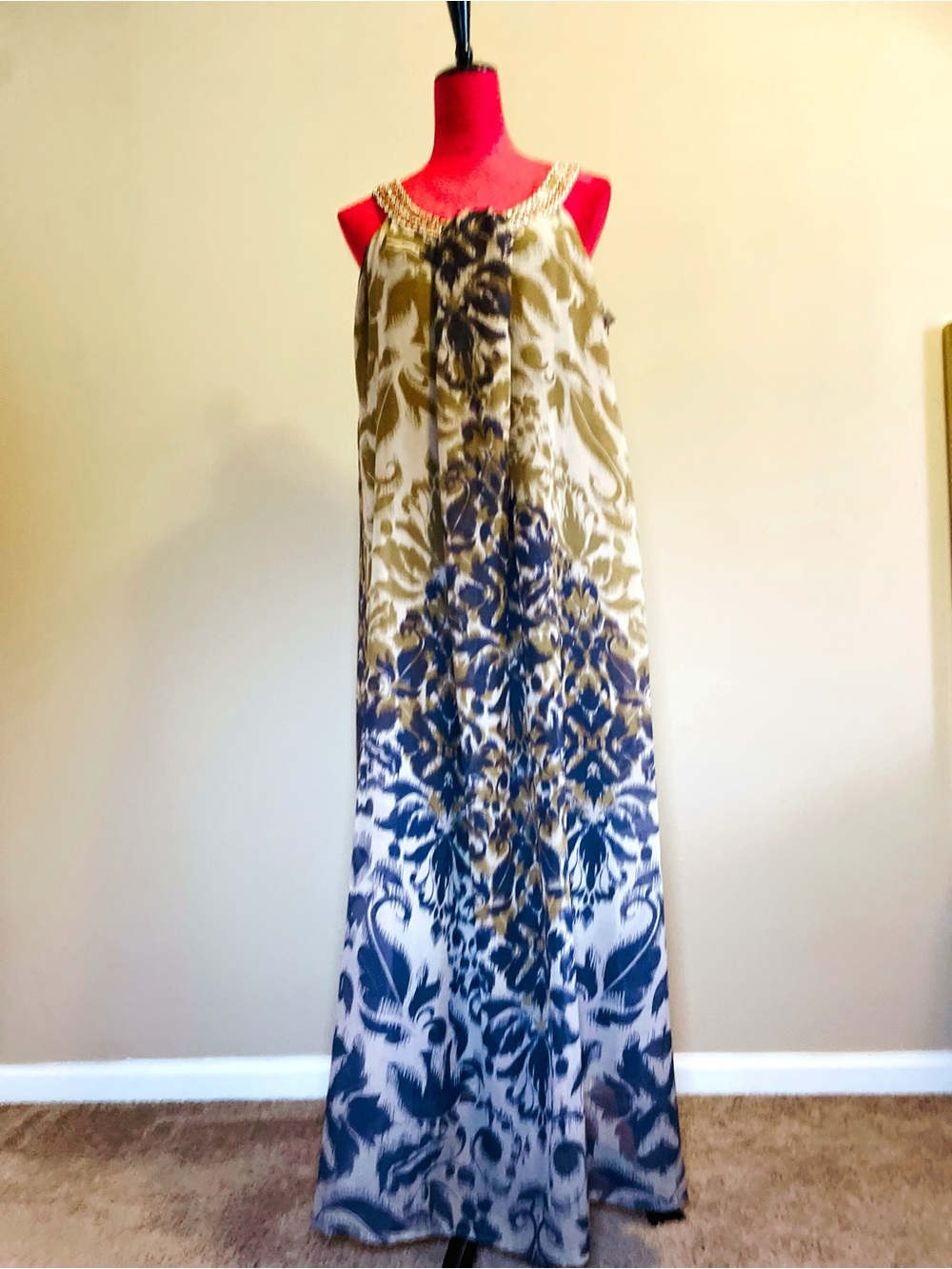 Printed Sleeveless Maxi Dress in Olive and Navy